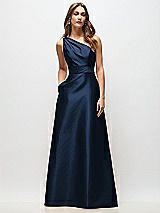 Front View Thumbnail - Midnight Navy Draped One-Shoulder Satin Maxi Dress with Pockets