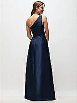 Rear View Thumbnail - Midnight Navy Draped One-Shoulder Satin Maxi Dress with Pockets