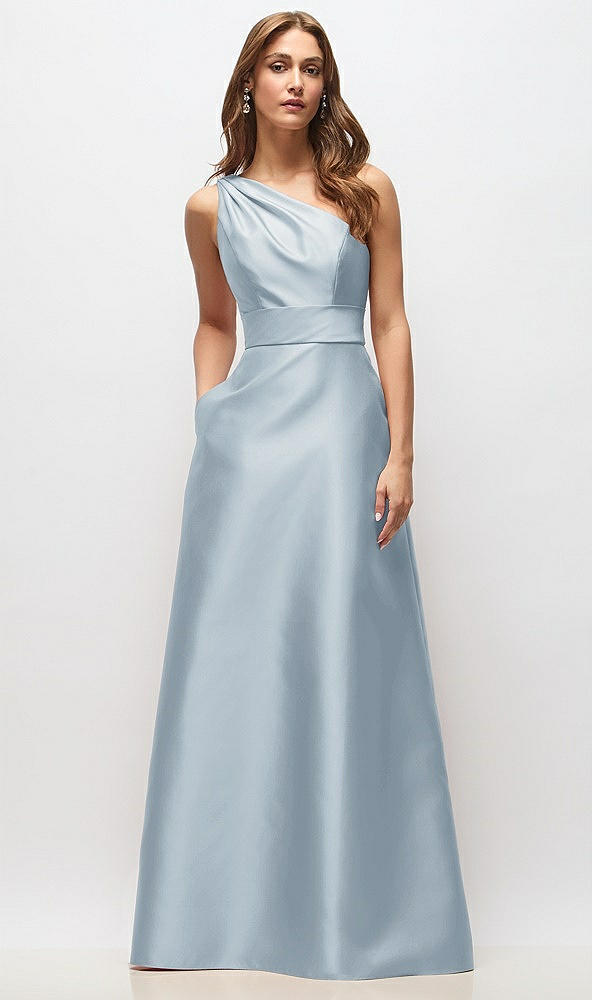 Front View - Mist Draped One-Shoulder Satin Maxi Dress with Pockets