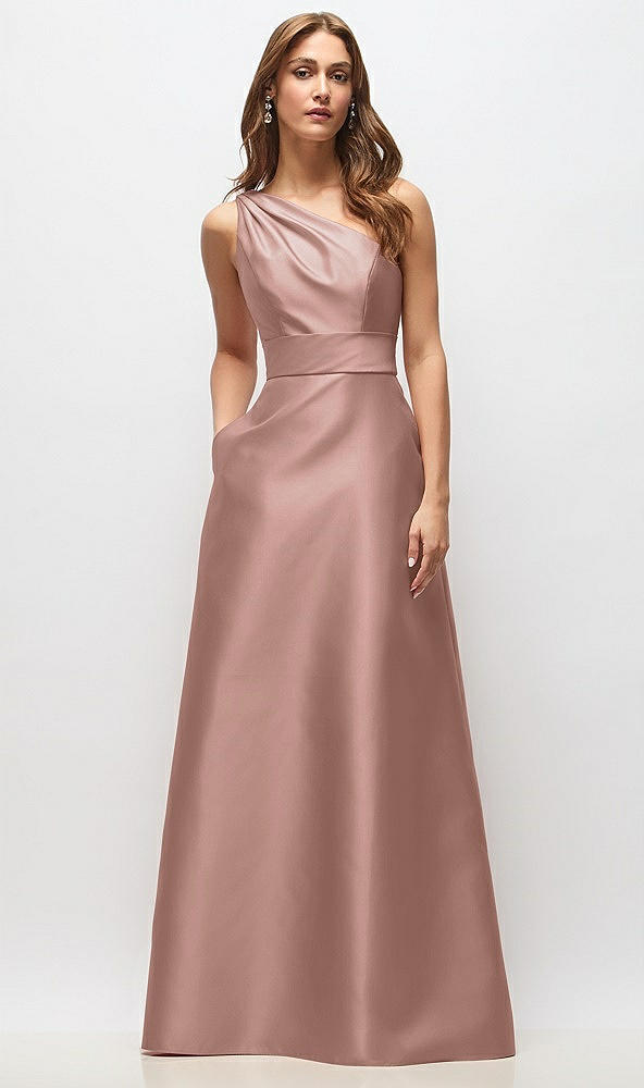 Front View - Neu Nude Draped One-Shoulder Satin Maxi Dress with Pockets