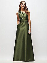 Front View Thumbnail - Olive Green Draped One-Shoulder Satin Maxi Dress with Pockets