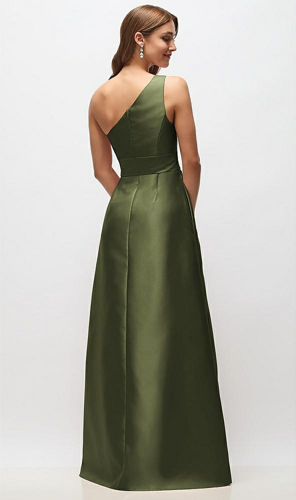 Back View - Olive Green Draped One-Shoulder Satin Maxi Dress with Pockets