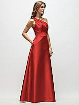 Side View Thumbnail - Poppy Red Draped One-Shoulder Satin Maxi Dress with Pockets