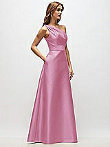 Side View Thumbnail - Powder Pink Draped One-Shoulder Satin Maxi Dress with Pockets
