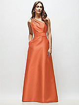 Front View Thumbnail - Portofino Orange Draped One-Shoulder Satin Maxi Dress with Pockets