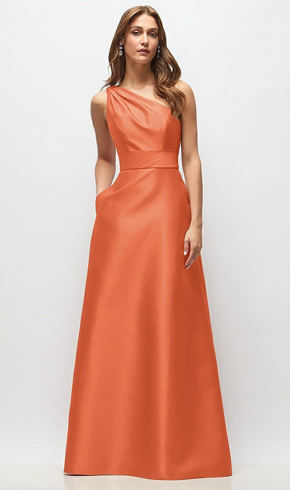 Front View - Portofino Orange Draped One-Shoulder Satin Maxi Dress with Pockets