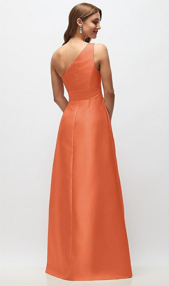 Back View - Portofino Orange Draped One-Shoulder Satin Maxi Dress with Pockets