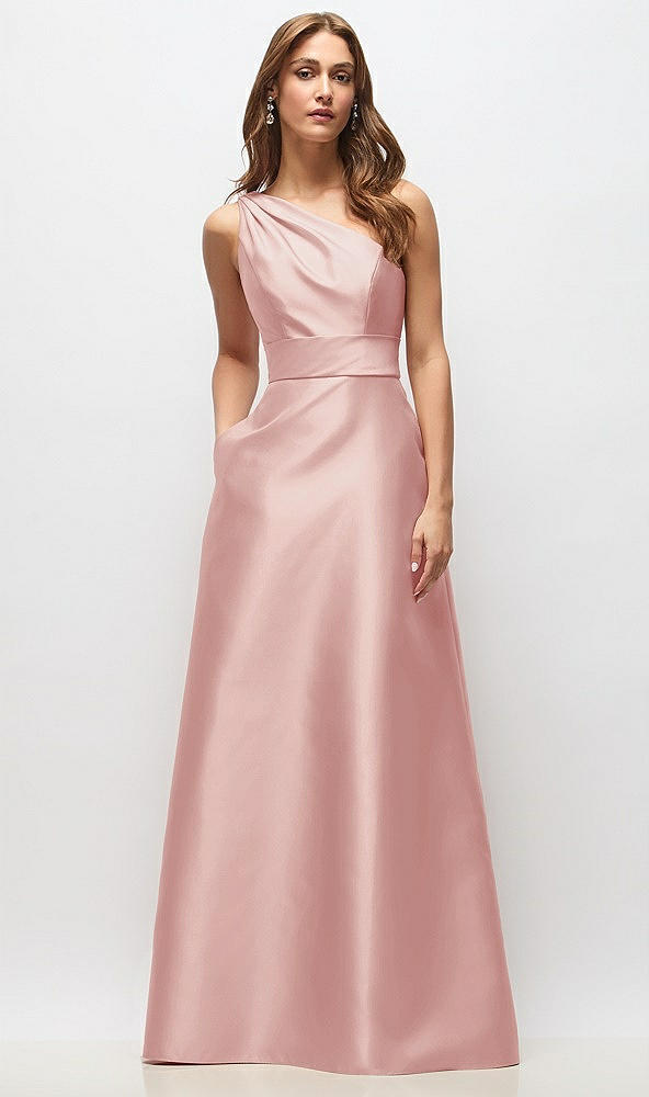 Front View - Rose Draped One-Shoulder Satin Maxi Dress with Pockets