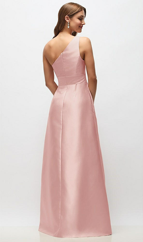 Back View - Rose Draped One-Shoulder Satin Maxi Dress with Pockets