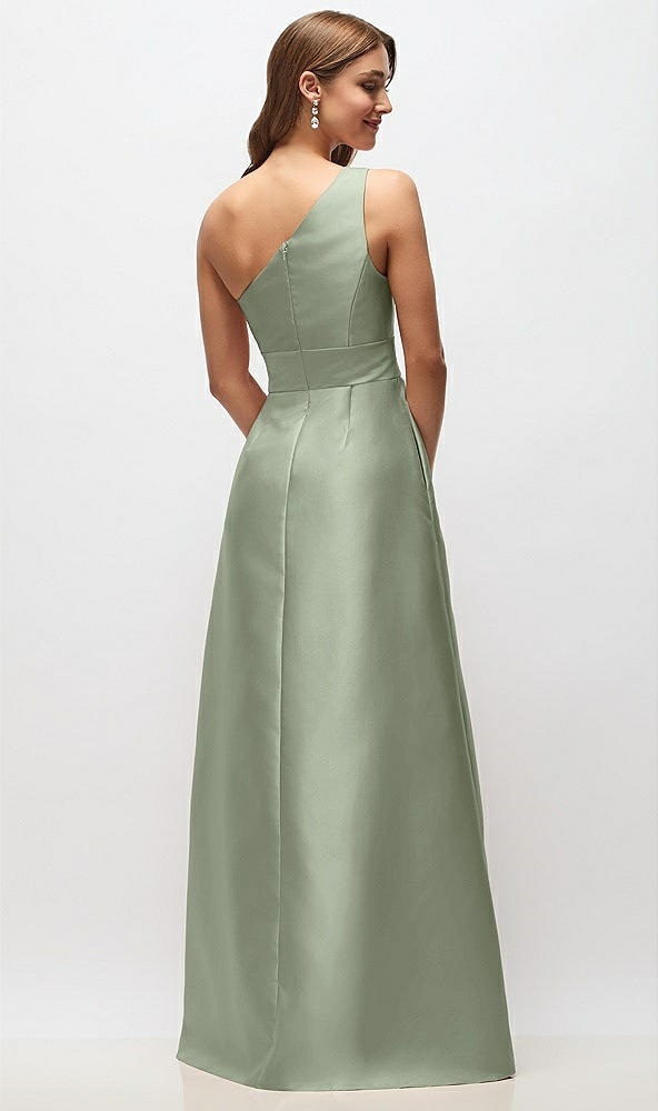 Back View - Sage Draped One-Shoulder Satin Maxi Dress with Pockets