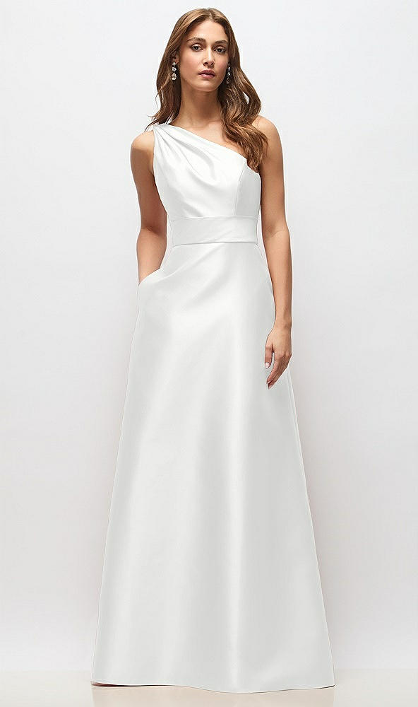 Front View - White Draped One-Shoulder Satin Maxi Dress with Pockets