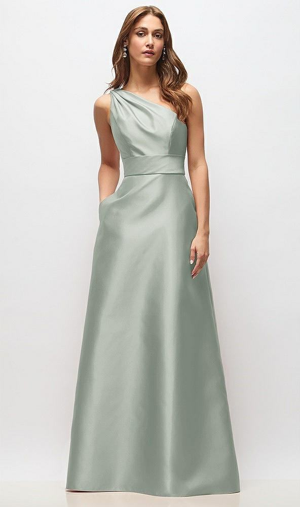 Front View - Willow Green Draped One-Shoulder Satin Maxi Dress with Pockets