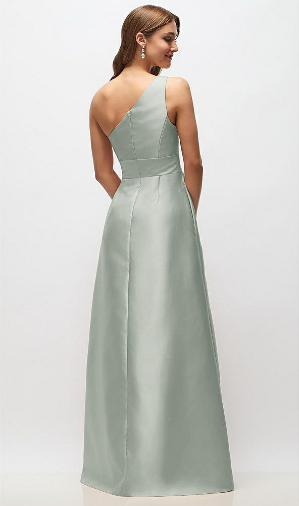 Back View - Willow Green Draped One-Shoulder Satin Maxi Dress with Pockets