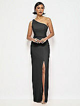 Alt View 1 Thumbnail - Black One-Shoulder Crepe Trumpet Gown with Front Slit