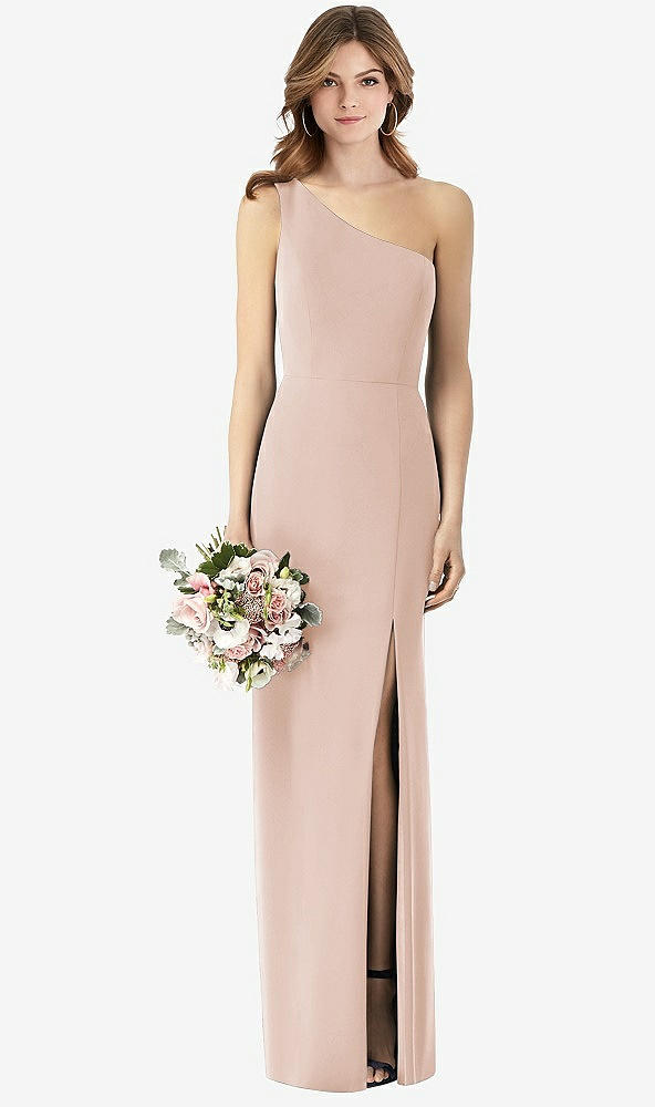 Front View - Cameo One-Shoulder Crepe Trumpet Gown with Front Slit