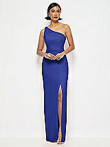 Alt View 1 Thumbnail - Cobalt Blue One-Shoulder Crepe Trumpet Gown with Front Slit