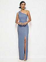 Alt View 1 Thumbnail - Larkspur Blue One-Shoulder Crepe Trumpet Gown with Front Slit