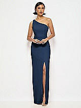 Alt View 1 Thumbnail - Midnight Navy One-Shoulder Crepe Trumpet Gown with Front Slit