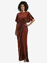 Front View Thumbnail - Auburn Moon Flutter Sleeve Open-Back Velvet Maxi Dress with Draped Wrap Skirt