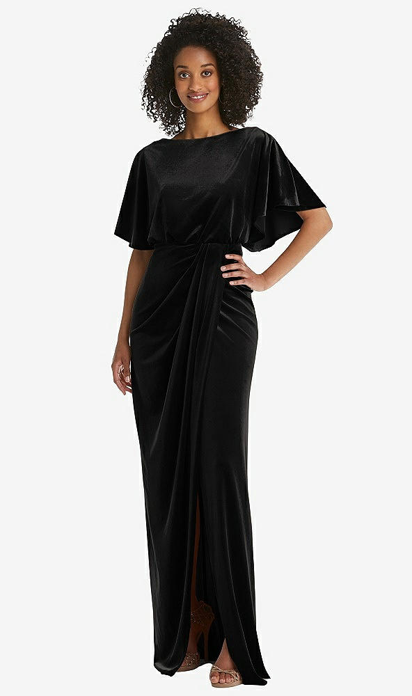 Front View - Black Flutter Sleeve Open-Back Velvet Maxi Dress with Draped Wrap Skirt