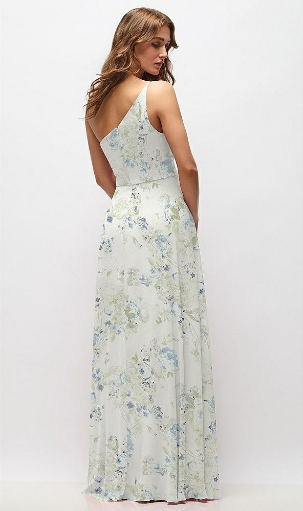 Back View - Bleu Garden One-Shoulder Chiffon Maxi Dress with Shirred Front Slit