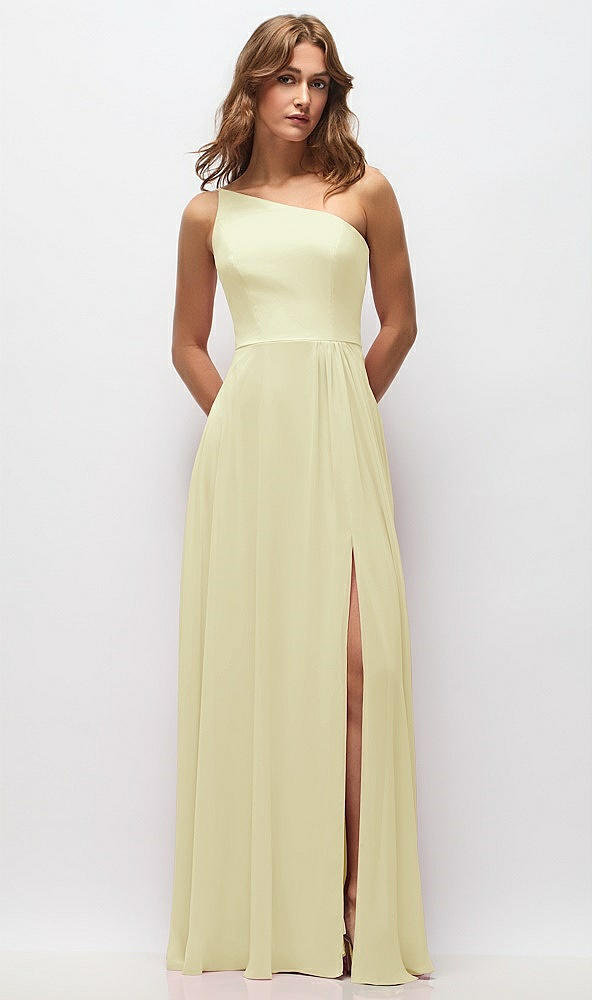Front View - Butter Yellow One-Shoulder Chiffon Maxi Dress with Shirred Front Slit