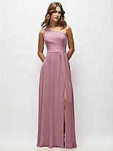 Front View Thumbnail - Dusty Pink One-Shoulder Chiffon Maxi Dress with Shirred Front Slit