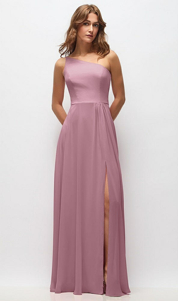 Front View - Dusty Pink One-Shoulder Chiffon Maxi Dress with Shirred Front Slit