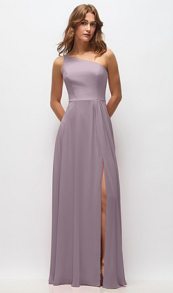Front View - Lilac Dusk One-Shoulder Chiffon Maxi Dress with Shirred Front Slit