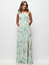Front View Thumbnail - Mint Green Floral One-Shoulder Chiffon Maxi Dress with Shirred Front Slit