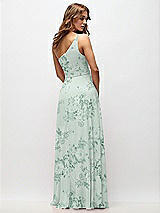 Rear View Thumbnail - Mint Green Floral One-Shoulder Chiffon Maxi Dress with Shirred Front Slit