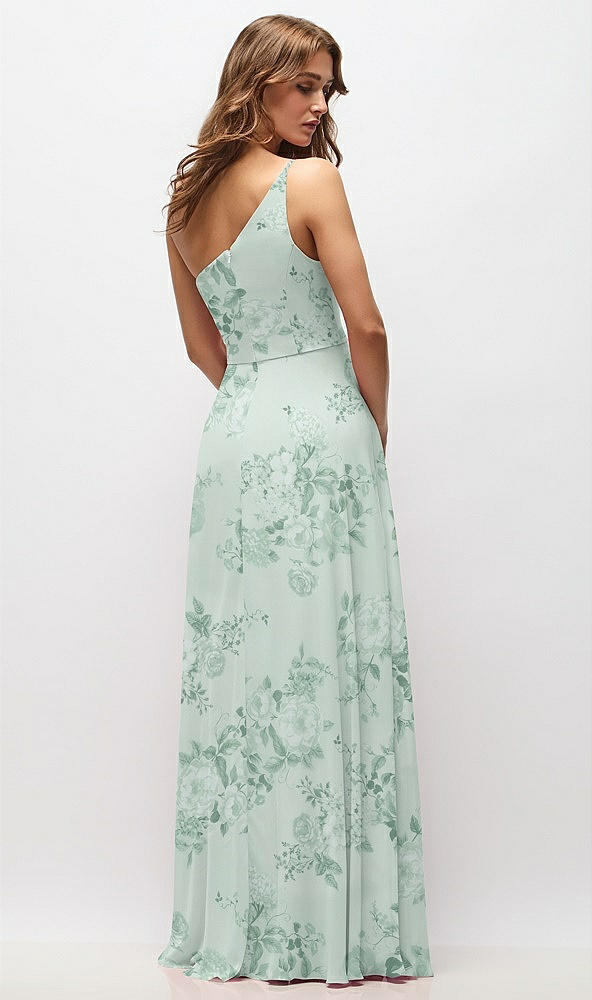 Back View - Mint Green Floral One-Shoulder Chiffon Maxi Dress with Shirred Front Slit