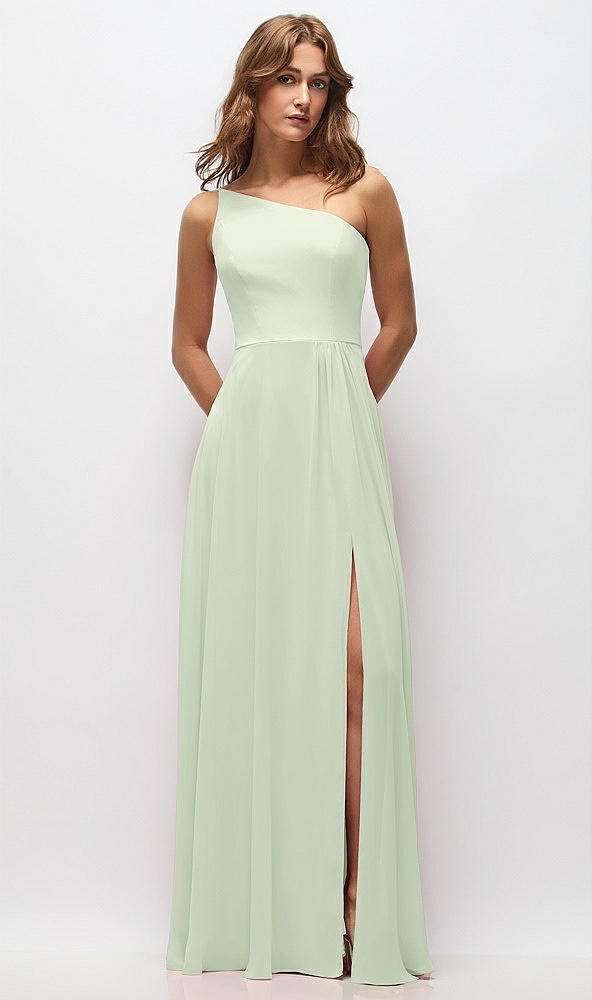 Front View - Mint Green One-Shoulder Chiffon Maxi Dress with Shirred Front Slit