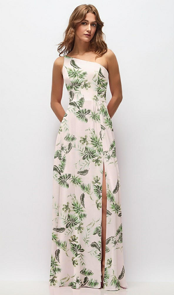 Front View - Palm Beach Print One-Shoulder Chiffon Maxi Dress with Shirred Front Slit