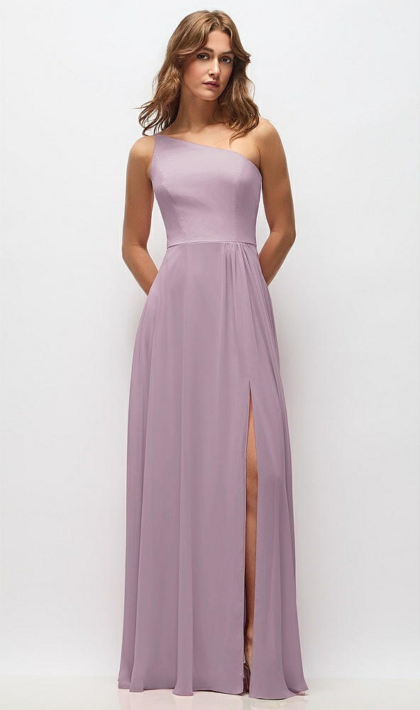 Front View - Suede Rose One-Shoulder Chiffon Maxi Dress with Shirred Front Slit
