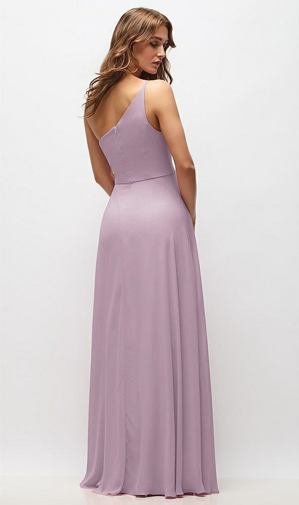 Back View - Suede Rose One-Shoulder Chiffon Maxi Dress with Shirred Front Slit
