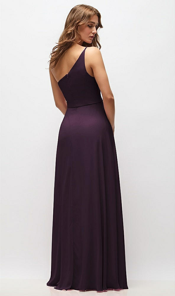 Back View - Aubergine One-Shoulder Chiffon Maxi Dress with Shirred Front Slit