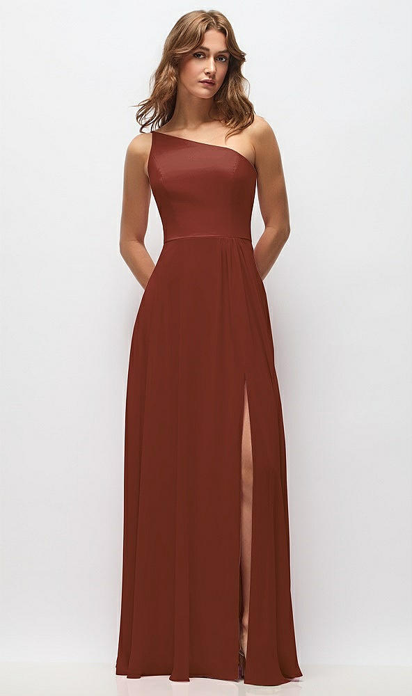 Front View - Auburn Moon One-Shoulder Chiffon Maxi Dress with Shirred Front Slit