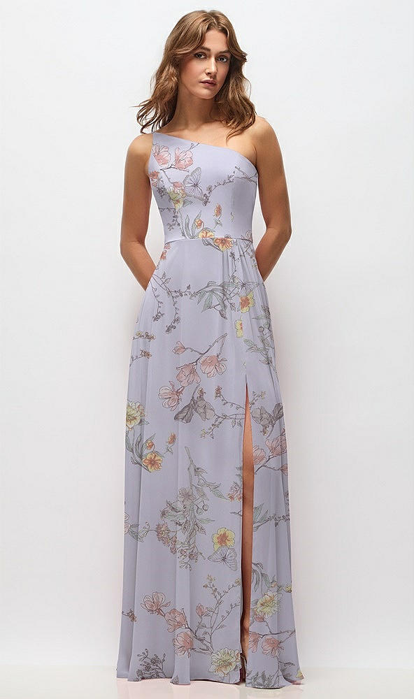 Front View - Butterfly Botanica Silver Dove One-Shoulder Chiffon Maxi Dress with Shirred Front Slit