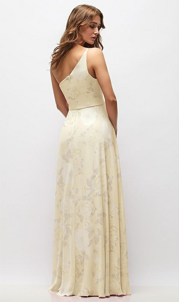 Back View - Butter Yellow Floral One-Shoulder Chiffon Maxi Dress with Shirred Front Slit