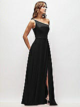 Side View Thumbnail - Black One-Shoulder Chiffon Maxi Dress with Shirred Front Slit