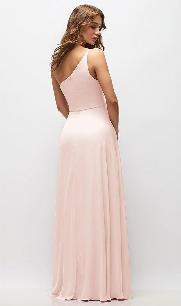 Back View - Blush One-Shoulder Chiffon Maxi Dress with Shirred Front Slit