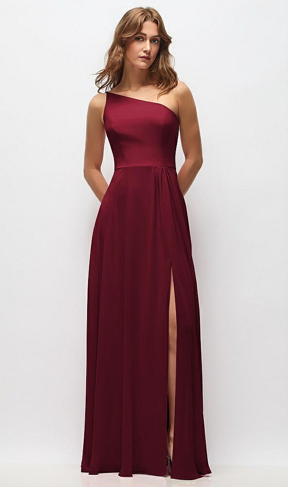 Front View - Burgundy One-Shoulder Chiffon Maxi Dress with Shirred Front Slit