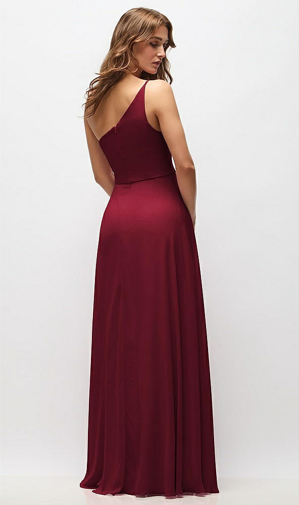Back View - Burgundy One-Shoulder Chiffon Maxi Dress with Shirred Front Slit