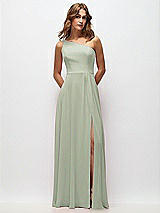 Front View Thumbnail - Celadon One-Shoulder Chiffon Maxi Dress with Shirred Front Slit
