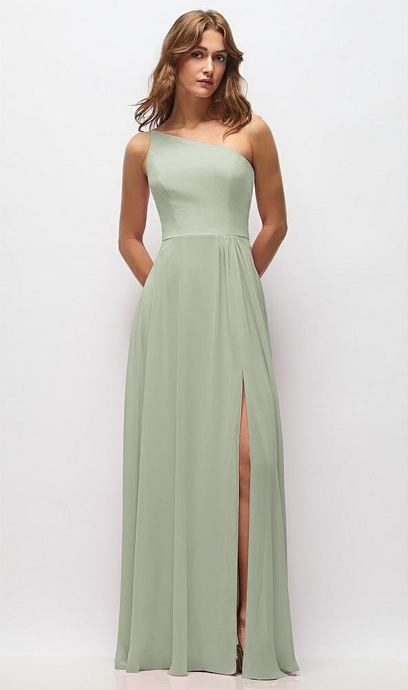 Front View - Celadon One-Shoulder Chiffon Maxi Dress with Shirred Front Slit