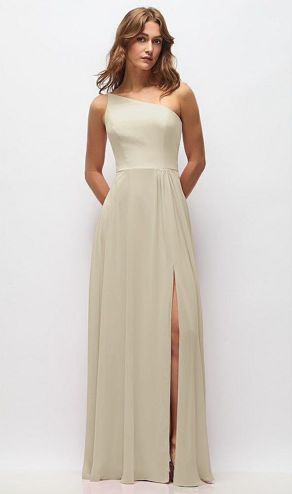 Front View - Champagne One-Shoulder Chiffon Maxi Dress with Shirred Front Slit