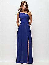 Front View Thumbnail - Cobalt Blue One-Shoulder Chiffon Maxi Dress with Shirred Front Slit