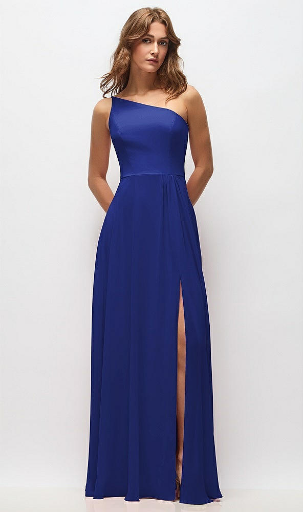 Front View - Cobalt Blue One-Shoulder Chiffon Maxi Dress with Shirred Front Slit