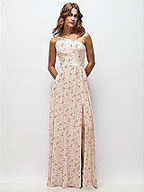 Front View Thumbnail - Coquette Floral Print One-Shoulder Chiffon Maxi Dress with Shirred Front Slit